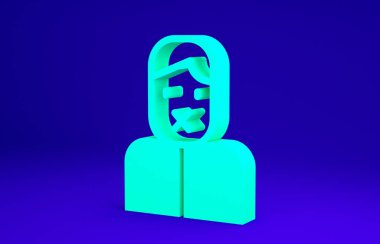 Mavi arka planda yeşil sansür ve konuşma özgürlüğü konsepti simgesi izole edildi. Medya mahkumu ve insan hakları kavramı. Bağlı ağız. Minimalizm kavramı. 3d illüstrasyon 3B canlandırma