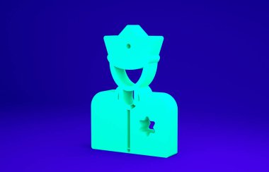 Yeşil Polis ikonu mavi arka planda izole edildi. Minimalizm kavramı. 3d illüstrasyon 3B canlandırma