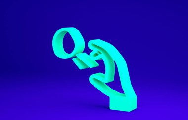 Yeşil Hooligan 'ın mavi arka planda izole edilmiş küçük taş ikonu vurması. Göstericiyim. Minimalizm kavramı. 3d illüstrasyon 3B canlandırma