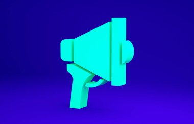 Mavi arkaplanda yeşil megafon simgesi izole edildi. Sözcü işareti. Minimalizm kavramı. 3d illüstrasyon 3B canlandırma