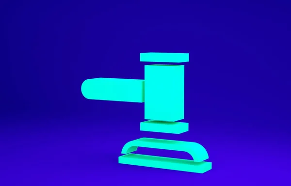 Icono de martillo de juez verde aislado sobre fondo azul. Martillo para la adjudicación de sentencias y proyectos de ley, corte, justicia. Martillo de subasta. Concepto minimalista. 3D ilustración 3D render — Foto de Stock