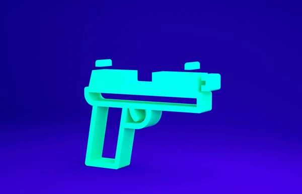 Zielony pistolet lub ikona pistoletu izolowane na niebieskim tle. Policja lub wojskowy pistolet. Mała broń palna. Koncepcja minimalizmu. Ilustracja 3D 3D renderowania — Zdjęcie stockowe