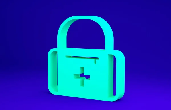 Зеленый значок аптечки на синем фоне. Медицинская коробка с крестом. Медицинское оборудование для чрезвычайных ситуаций. Концепция здравоохранения. Концепция минимализма. 3D-рендеринг — стоковое фото