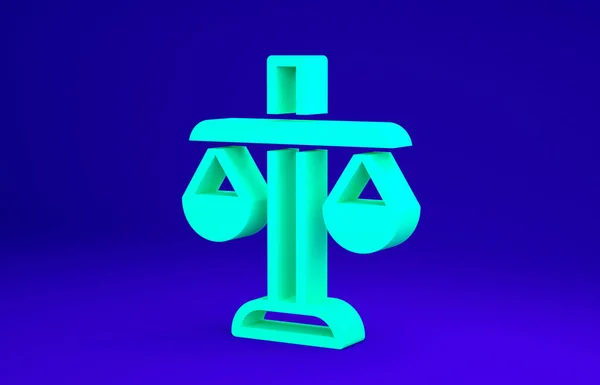 青の背景に隔離された正義のアイコンの緑のスケール。裁判所のシンボル。バランス・スケール・サイン。最小限の概念。3Dイラスト3Dレンダリング — ストック写真