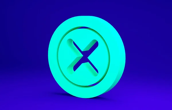 Πράσινο X Mark, Σταυρός σε κύκλο εικονίδιο απομονώνονται σε μπλε φόντο. Έλεγχος εικονιδίου σταυρό σήμα. Μινιμαλιστική έννοια. 3d απεικόνιση 3D καθιστούν — Φωτογραφία Αρχείου