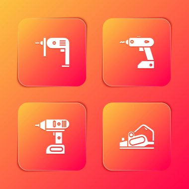 Elektrikli matkap, kablosuz tornavida ve planer araç simgesini ayarla. Vektör.