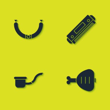 Sosis, tavuk budu, tüttürme piposu ve mızıka ikonu. Vektör.