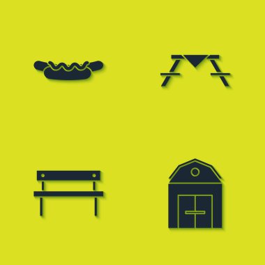 Hotdog sandviçi, Çiftlik Evi, Bench ve piknik masası ve bank ikonu hazırla. Vektör.