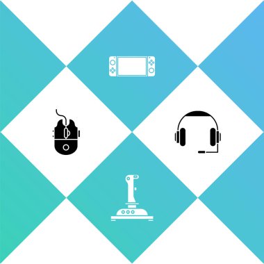 Bilgisayar fare oyunu, atari makinesi için Joystick, taşınabilir video oyun konsolu ve kulaklık simgesi ayarla. Vektör.