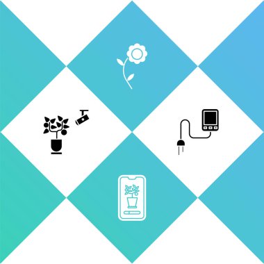 Akıllı tarım teknolojisi, kontrol sistemi, çiçek ve sensör simgesi ayarla. Vektör.