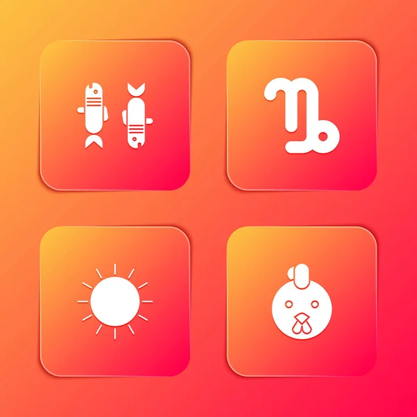 Set Pisces zodiac, Capricorn, Sun and Rooster icon. Vector. — Stock Illustration Set Pisces Zodiac Capricorn Sun Rooster Icon Vector Vector Graphics