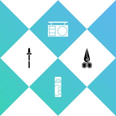 Pipette 'i, tıraş jeli köpüğünü, göz farı paletini ve makas simgesini ayarla. Vektör.