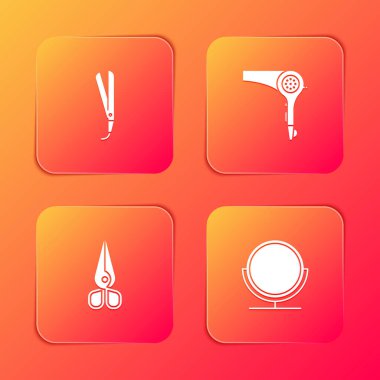 Saç kurutma makinesi, makas ve yuvarlak makyaj aynası ikonunu ayarla. Vektör.