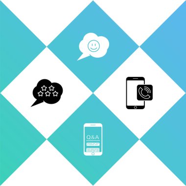 Beş yıldızlı değerlendirme, Gezici Soru ve Ünlem, gülen yüzlü konuşma balonu ve telefon arama ikonu. Vektör.