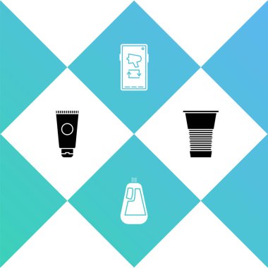 Krem kozmetik tüpü, bulaşık deterjanı şişesi, cep telefonunda megafon ve kağıt cam ikon. Vektör.