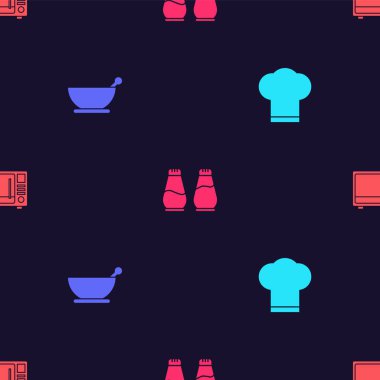 Şef şapkasını, havan topuzunu, tuzlu biberi ve mikrodalga fırını kusursuz desenlere ayarlayın. Vektör.