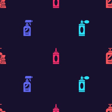 Atom spreyi, kuaför tabancası spreyi, şampuan şişesi, tıraş köpüğü ve pürüzsüz desenli fırçayla tıraş losyonu hazırla. Vektör.