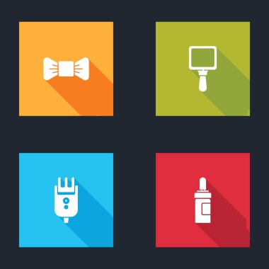 Papyon, el aynası, elektrikli saç kesme makinesi ve sakal bıyığı bakım yağ şişesi ikonu. Vektör.