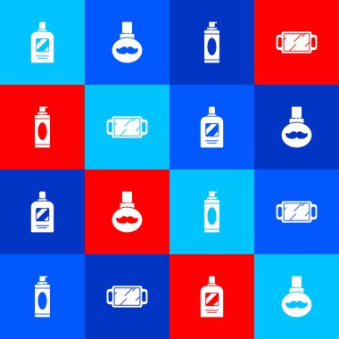 Şampuan şişesi, sakal ve bıyık bakım yağı şişesi tıraş köpüğü ve el aynası ikonu. Vektör.