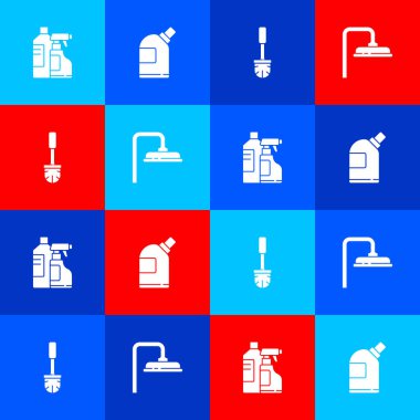 Temizlik malzemesi, tuvalet fırçası ve duş başlığı ikonu için şişe ayarla. Vektör.