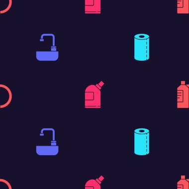 Kağıt havlu rulosunu, lavaboyu su musluğuyla yıkamayı temizleme maddesi ve bulaşık deterjanı için şişeleri ve tabağı pürüzsüz desenli hale getir. Vektör.