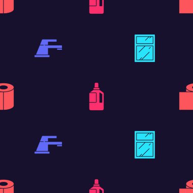 Pencereler için temizlik hizmeti, su musluğu, yumuşatıcı ve tuvalet kağıdı pürüzsüz desenli rulo yapın. Vektör.