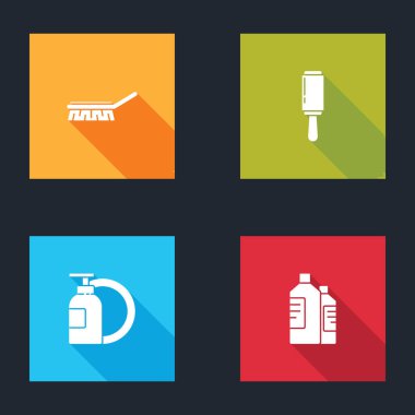 Temizlik için fırçayı, yapışkan silindiri, bulaşık deterjanı şişesini, tabağı ve şişe ajan simgesini hazırla. Vektör.