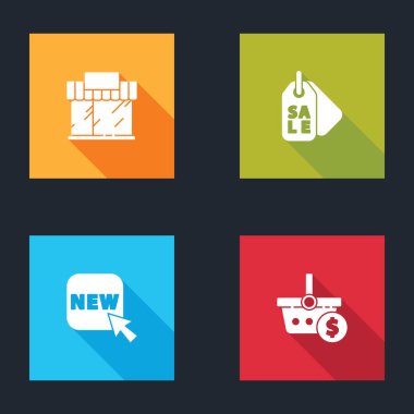 Alış veriş binası ya da market etiketi, Satış, düğme mesajı, yeni ve sepet ve dolar simgesi. Vektör.