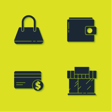 El çantası, alışveriş binası ya da market, kredi kartı dolar ve cüzdan ikonu. Vektör.