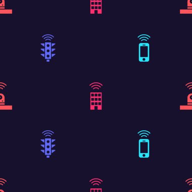 Kablosuz akıllı telefon, akıllı trafik lambası, kablosuz ve güvenlik kameralı bir ev. Vektör.