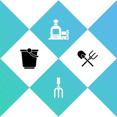 Kovayı, tırmığı, çuvalı, tahta kutuyu ve kürek ikonunu hazırla. Vektör.