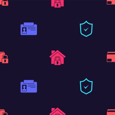 Kalkan 'ı işaretle, kimlik kartıyla, ev koruma altında ve Dizin' e ayarlayın ve kusursuz desenlere kilitlenin. Vektör.