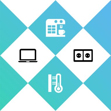 Laptop, Meteoroloji termometresi, kahve makinesi ve elektrik prizi simgesini ayarla. Vektör.