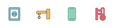 Elektrik prizi, su musluğu, akıllı telefon ve meteoroloji termometre simgesini ayarla. Vektör.