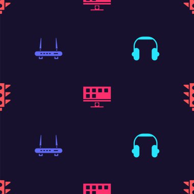 Kulaklıkları, Router 'ı ve Wi-Fi sinyalini ayarlayın. Akıllı TV ve trafik ışığını kusursuz desene ayarlayın. Vektör.