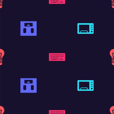 Mikrodalga fırını, banyo terazisi, klavye ve ampulü pürüzsüz desene ayarlayın. Vektör.