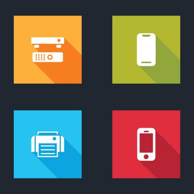 Multimedya ve TV kutusu, akıllı telefon, yazıcı ve simgeyi ayarla. Vektör.