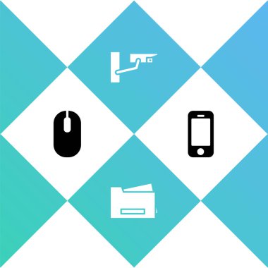 Bilgisayar faresi, yazıcı, güvenlik kamerası ve akıllı telefon simgesini ayarla. Vektör.