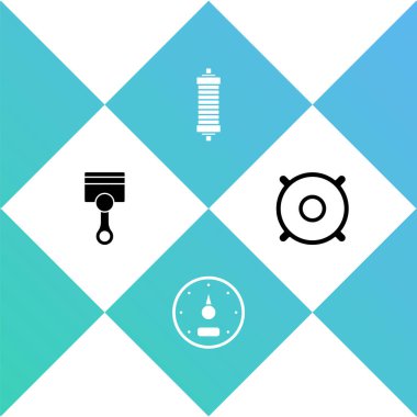 Motor pistonunu, hız göstergesini, şok emicisini ve araba ses hoparlörünü ayarla. Vektör.