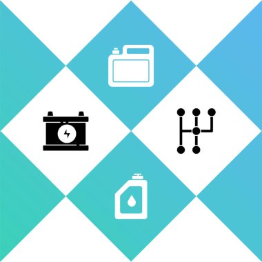 Araba aküsünü, motor yağı tenekesini ve vites kutusu simgesini ayarla. Vektör.