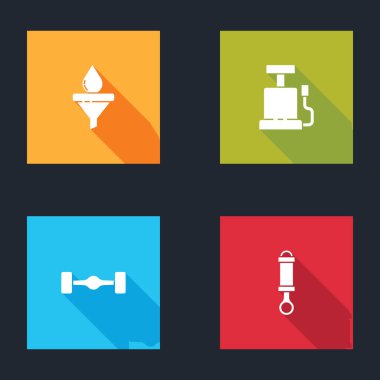 Huni ve yağ damlasını, araba hava pompasını, Chassis arabasını ve şok emici ikonunu ayarlayın. Vektör.