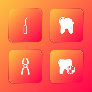 Diş kâşifi, kırık diş, kerpeten ve koruma ikonu ayarla. Vektör.