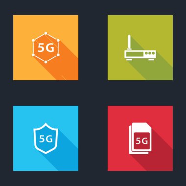 5G ağını, Router ve wi-fi sinyalini, koruyucu kalkanı ve Sim Card simgesini ayarla. Vektör.