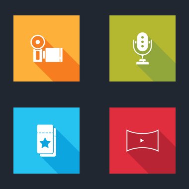 Kamera, mikrofon, bilet ve çevrimiçi video oynatma simgesini ayarla. Vektör.