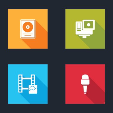 CD disk ödülünü çerçeve, Action extreme camera, Play Video ve Mikrofon simgesi olarak belirleyin. Vektör.