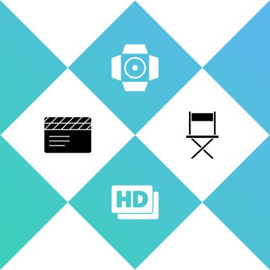 Film alkışını, HD filmini, kaseti, sahneyi, sahne ışığını ve yönetmen koltuğunun ikonunu ayarlayın. Vektör.