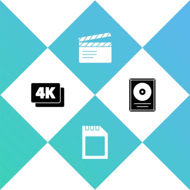 4k Ultra HD, SD kart, Film alkışcısı ve CD disk ödülünü çerçeve simgesinde ayarla. Vektör.