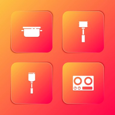 Yemek tenceresi, mutfak çekici, Spatula ve gaz sobası ikonu. Vektör.