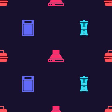 Blender 'ı, kesme tahtasını, mutfak vantilatörünü ve tencereyi kusursuz bir şablona ayarla. Vektör.