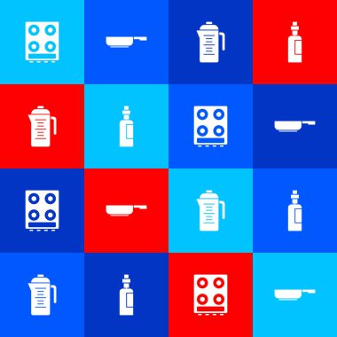 Gaz sobası, kızartma tavası, demlik ve bir şişe zeytinyağı ikonu hazırla. Vektör.